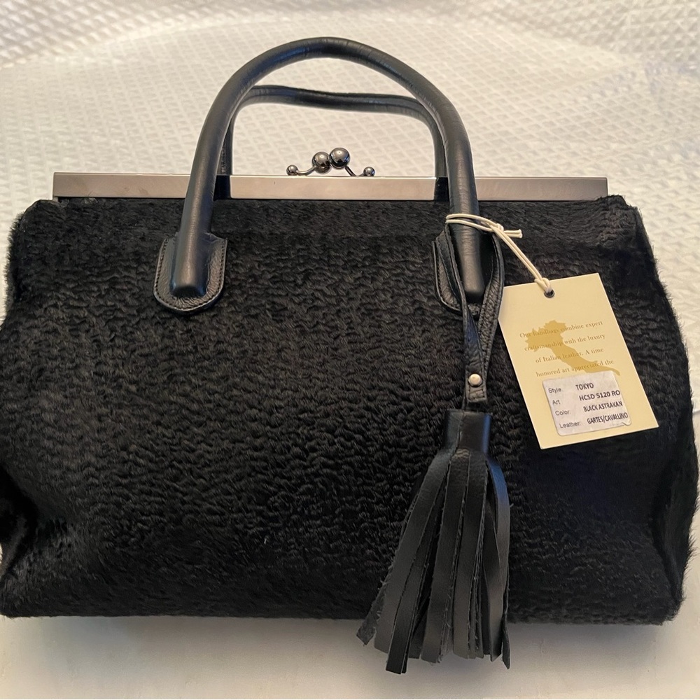 Alberta Di Canio Italian Black Leather and Arcatran Fur Satchel